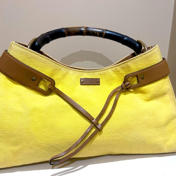 Gucci Bags Vintage Yellow Canvas Gucci Handbag With Bamboo Handle